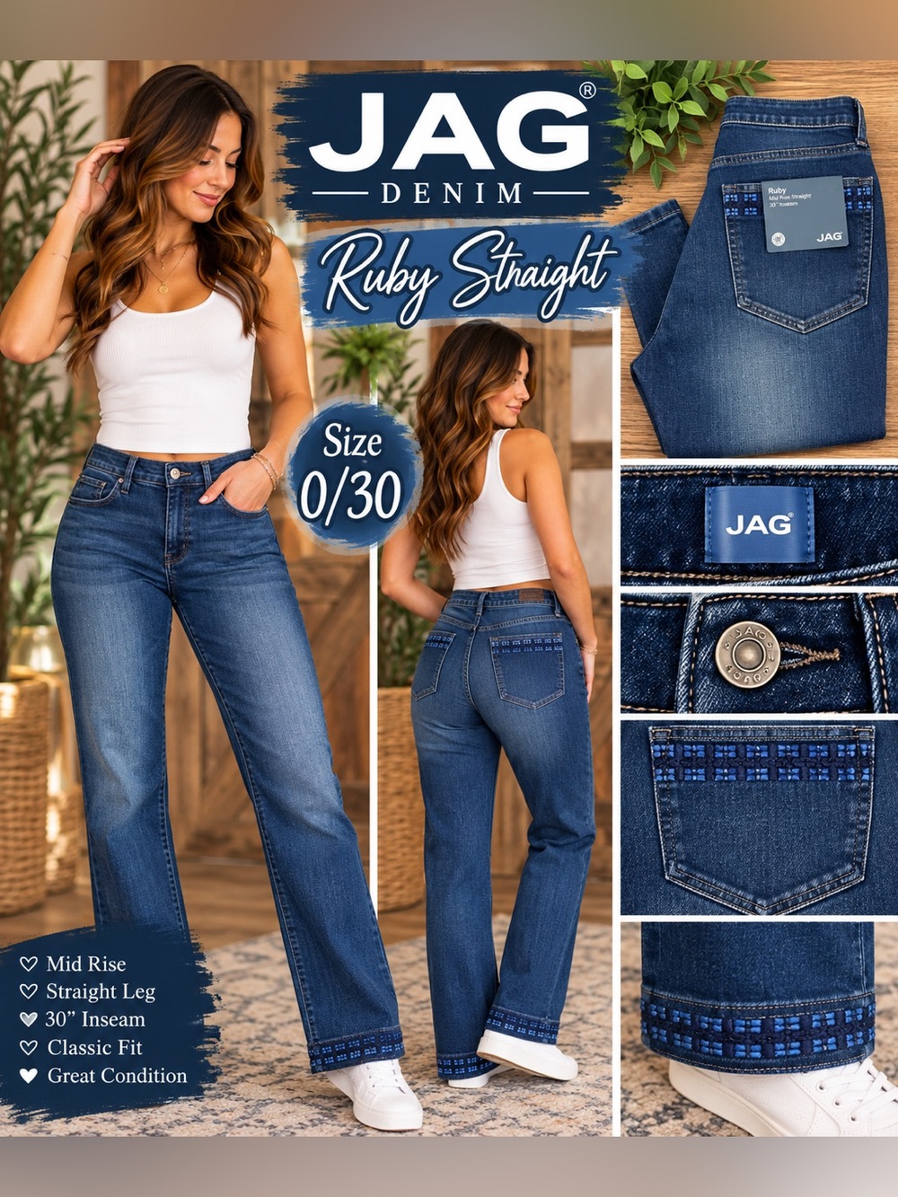 Jag Jeans Ruby Straight Mid-Rise Straight Leg Jeans - Blue Denim